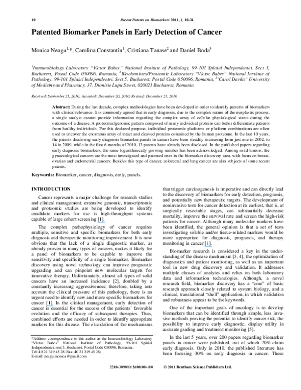 (PDF) Patented Biomarker Panels in Early Detection of Cancer