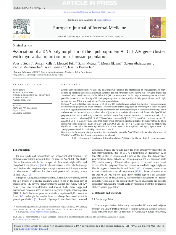 (PDF) Association of a DNA polymorphism of the apolipoprotein AI–CIII ...