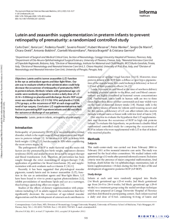 (PDF) Lutein and zeaxanthin supplementation in preterm infants to ...