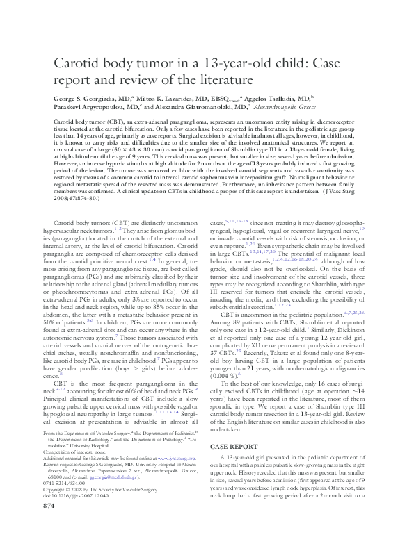 (PDF) Carotid body tumor in a 13-year-old child: Case report and review ...