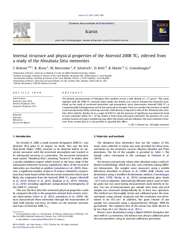 (PDF) Internal structure and physical properties of the Asteroid 2008 ...