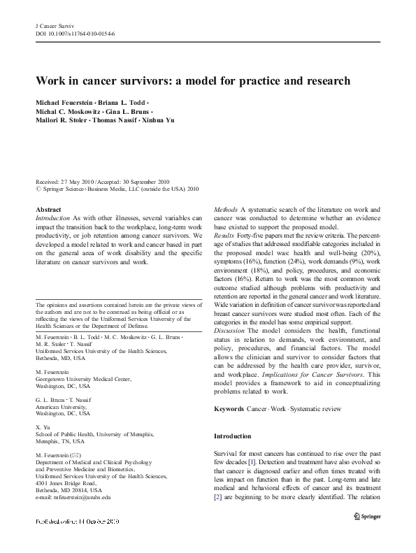 (PDF) Work in cancer survivors: a model for practice and research