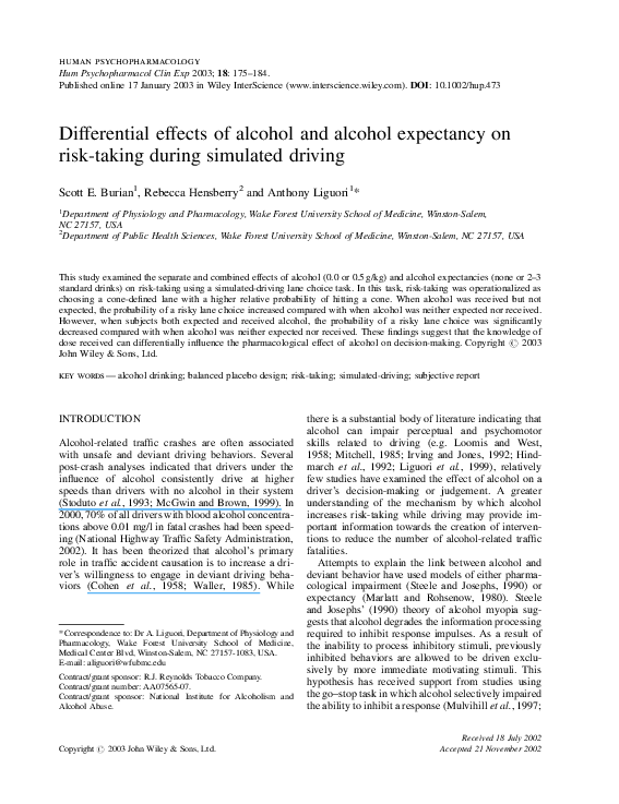 (PDF) Differential effects of alcohol and alcohol expectancy on risk ...