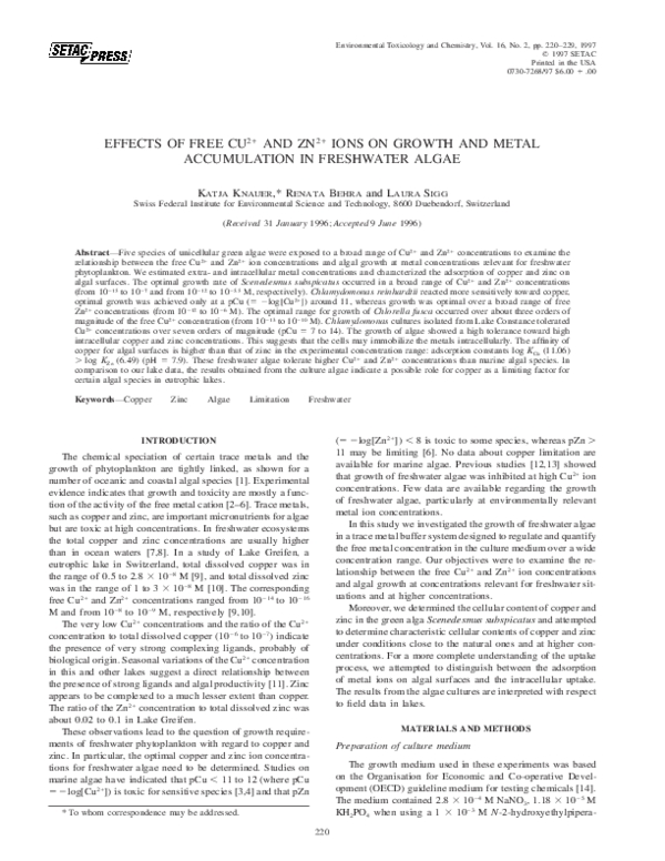 (PDF) EFFECTS OF FREE CU2+ AND ZN2+ IONS ON GROWTH AND METAL ...