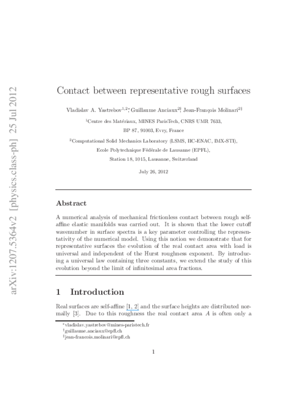 (PDF) Contact between representative rough surfaces
