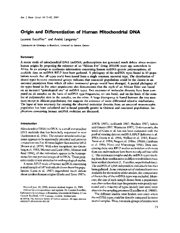 (PDF) Origin and differentiation of human mitochondrial DNA