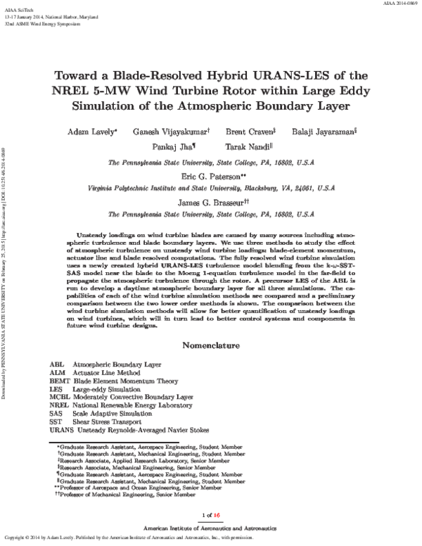 (PDF) Towards a Blade-Resolved Hybrid URANS-LES of the NREL 5-MW Wind ...