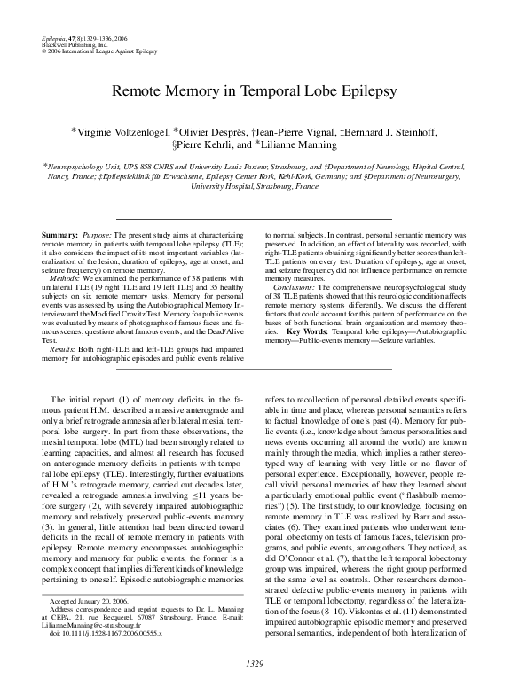(PDF) Remote Memory in Temporal Lobe Epilepsy Bernhard Steinhoff