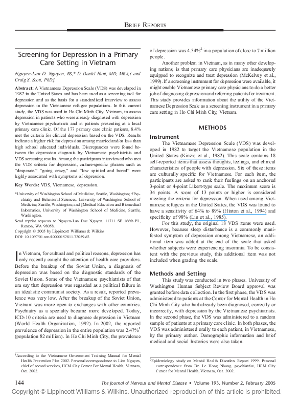 (PDF) Screening for Depression in a Primary Care Setting in Vietnam