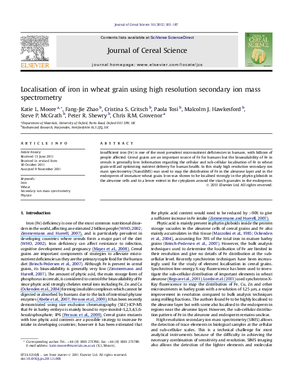 (PDF) Localisation of iron in wheat grain using high resolution secondary ion mass spectrometry