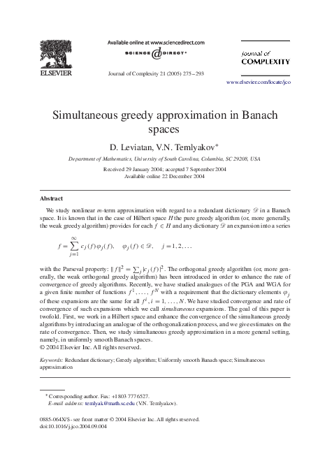 (PDF) Simultaneous greedy approximation in Banach spaces