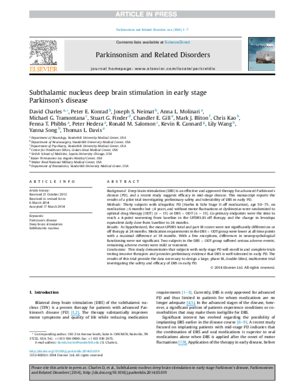 (PDF) Subthalamic nucleus deep brain stimulation in early stage ...