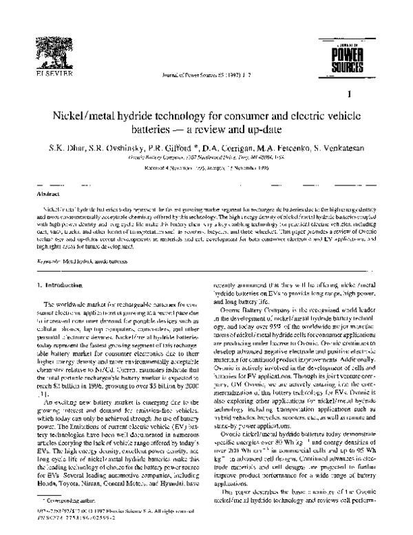 (PDF) Nickel/metal hydride technology for consumer and electric vehicle