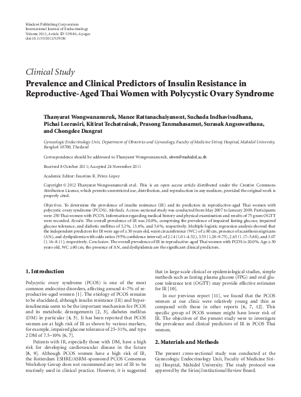 (PDF) Prevalence and Clinical Predictors of Insulin Resistance in ...