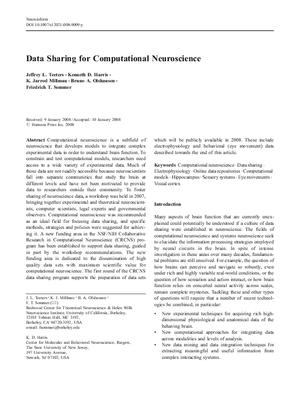 PDF) Data Sharing for Computational Neuroscience