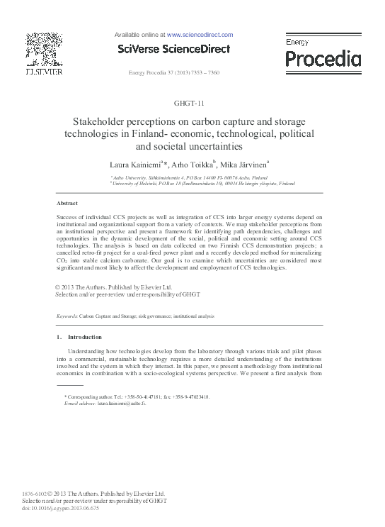 Stakeholder Perceptions on Carbon Capture and Storage Technologies in Finland- economic, Technological, Political and Societal Uncertainties