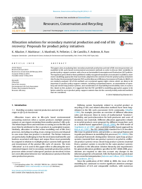 First page of “Allocation solutions for secondary material production and end of life recovery: Proposals for product policy initiatives”