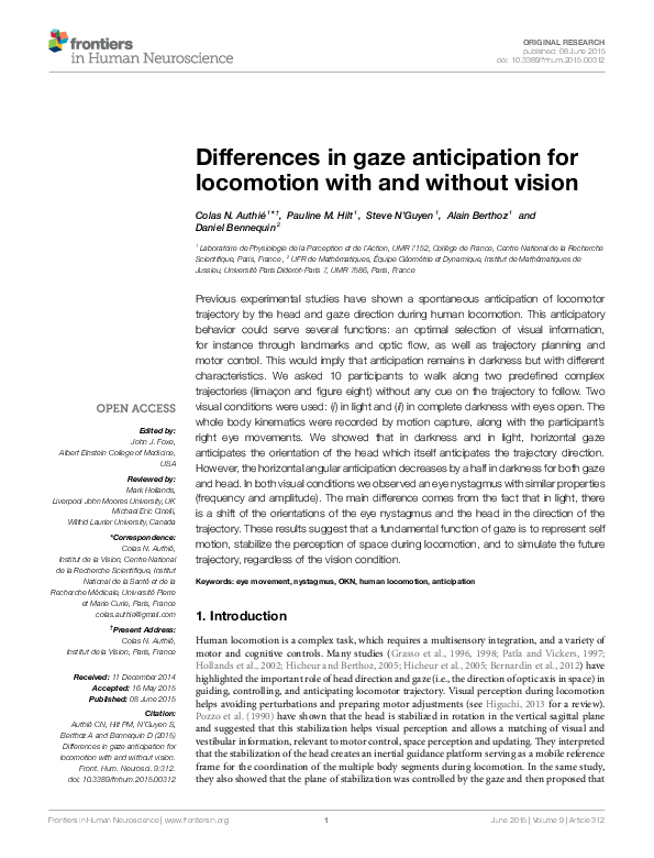 (PDF) Differences in gaze anticipation for locomotion with and without ...