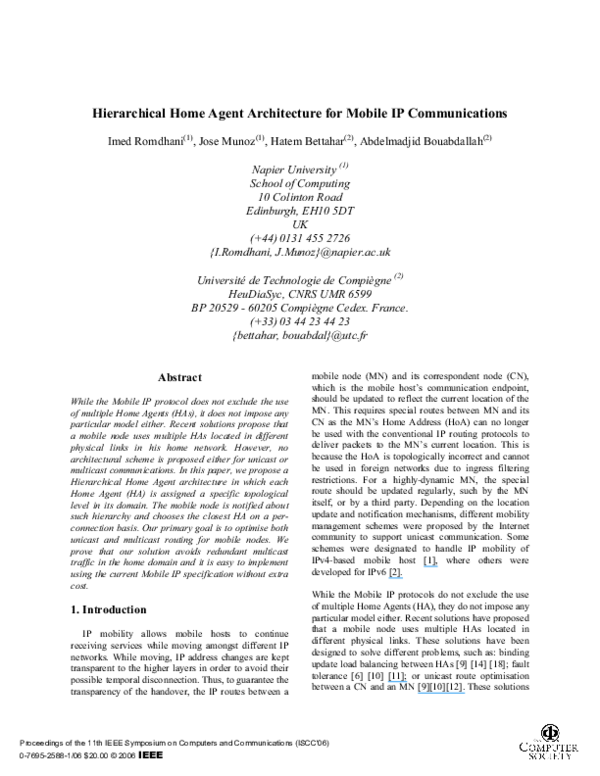 (PDF) Hierarchical Home Agent Architecture for Mobile IP Communications