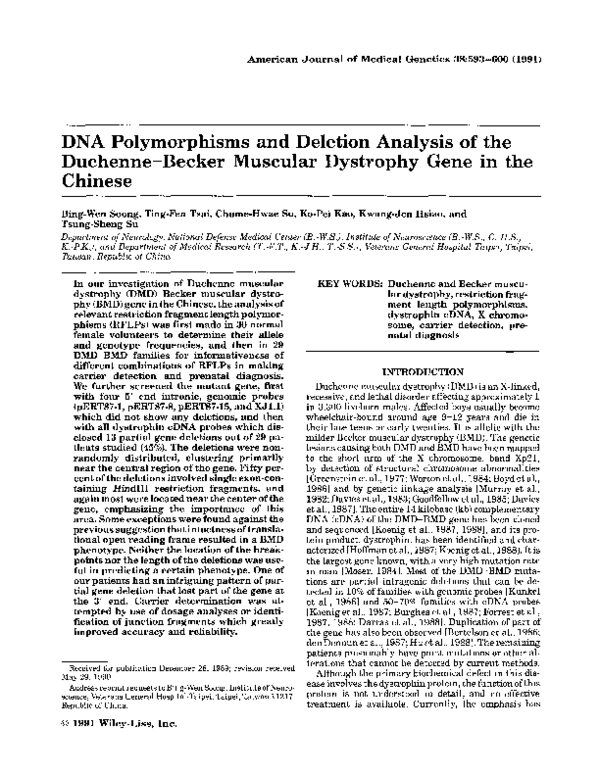 (PDF) DNA polymorphisms and deletion analysis of the DuchenneBecker muscular dystrophy gene in