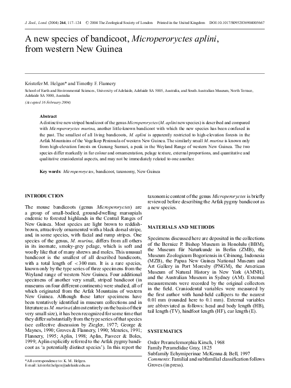 (PDF) A new species of bandicoot, Microperoryctes aplini, from western ...