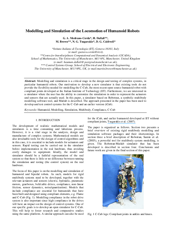 (PDF) Modelling and Simulation of the Locomotion of Humanoid Robots