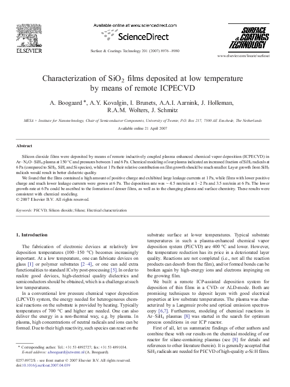 (PDF) Characterization of SiO2 films deposited at low temperature by ...