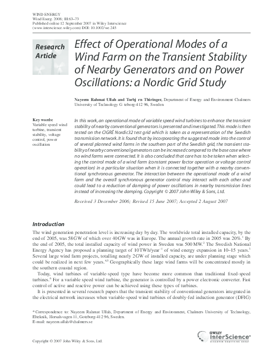 (PDF) Effect of Operational Modes of a Wind Farm on the Transient ...