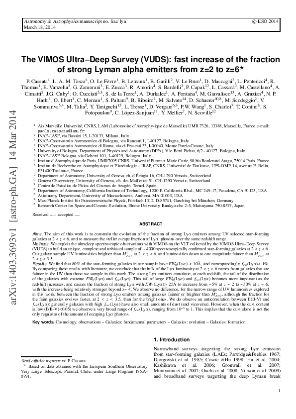 (PDF) The VIMOS Ultra-Deep Survey (VUDS): fast increase in the fraction ...