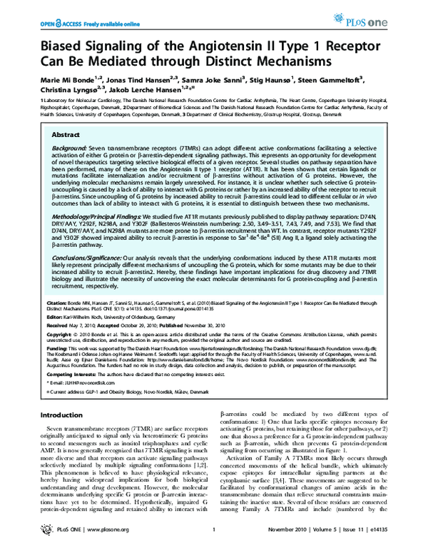 (PDF) Biased Signaling of the Angiotensin II Type 1 Receptor Can Be ...