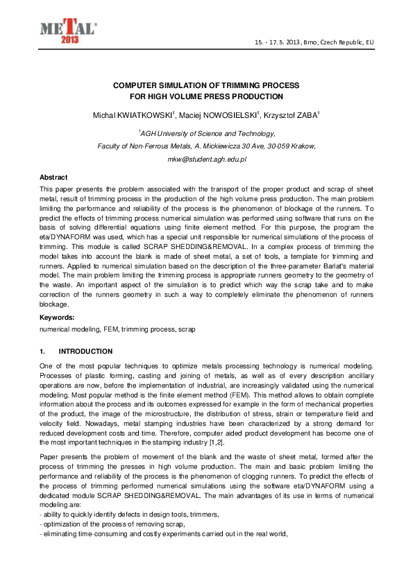 (PDF) COMPUTER SIMULATION OF TRIMMING PROCESS FOR HIGH VOLUME PRESS