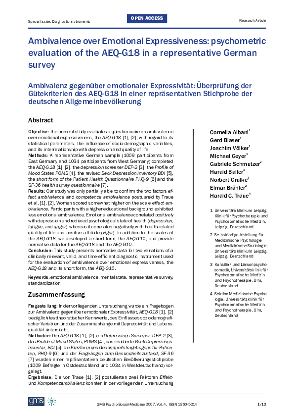 Pdf Ambivalence Over Emotional Expressiveness Psychometric Evaluation Of The Aeq G18 In A Representative German Survey Michael Geyer Academia Edu