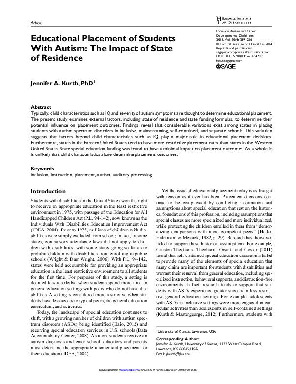 (PDF) Educational Placement of Students with Autism Impact of State of