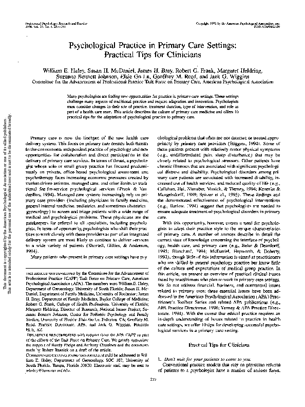 (PDF) Psychological Practice in Primary Care Settings: Practical Tips ...