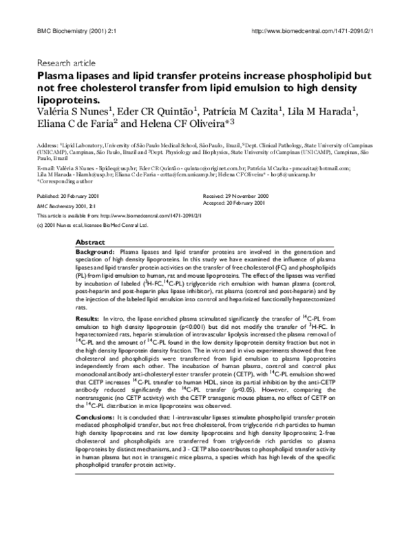 (PDF) Plasma lipases and lipid transfer proteins increase phospholipid ...