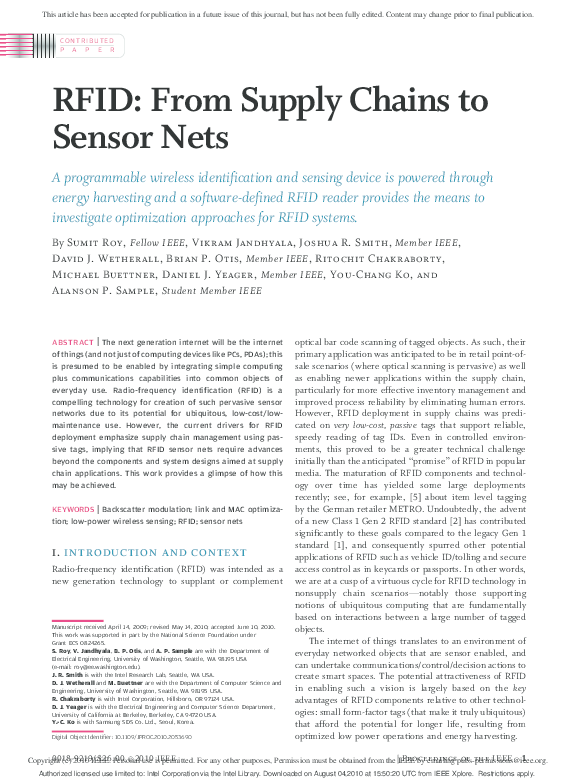 (PDF) RFID From Supply Chains to Sensor Nets Alanson Sample