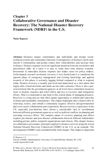(PDF) Collaborative governance and disaster recovery: Disaster recovery ...