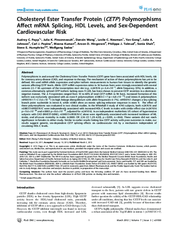 (PDF) Cholesteryl Ester Transfer Protein (CETP) Polymorphisms Affect ...