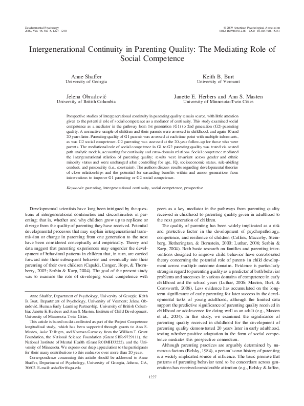 (PDF) Intergenerational continuity in parenting quality: The mediating ...