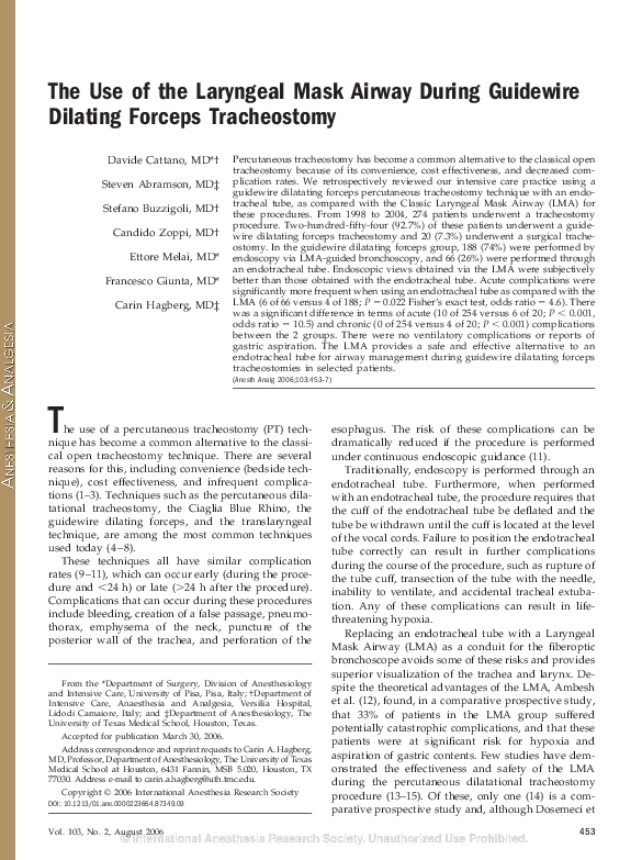 (PDF) The Use of the Laryngeal Mask Airway During Guidewire Dilating