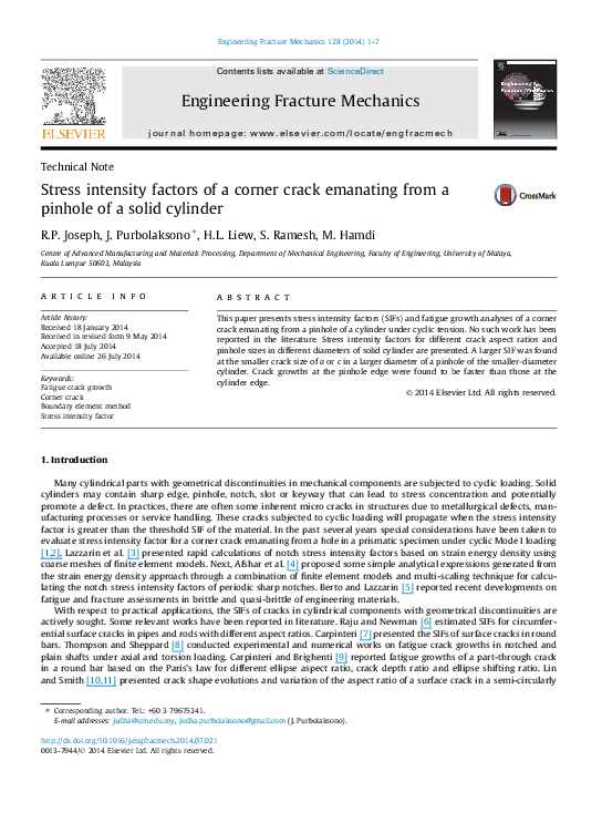 (PDF) Stress intensity factors of a corner crack emanating from a ...
