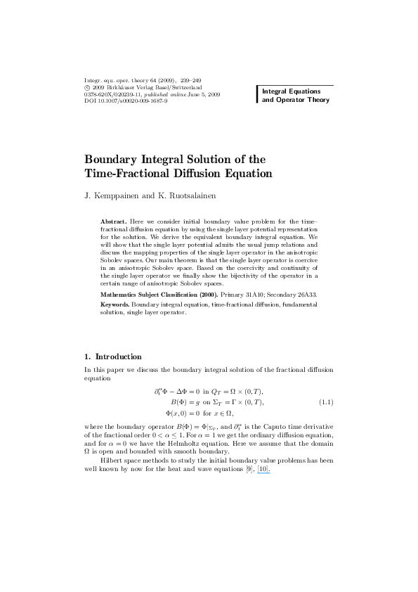 (PDF) Boundary Integral Solution of the Time-Fractional Diffusion Equation