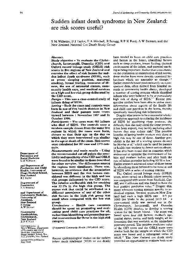 (PDF) Sudden infant death syndrome in New Zealand are risk scores
