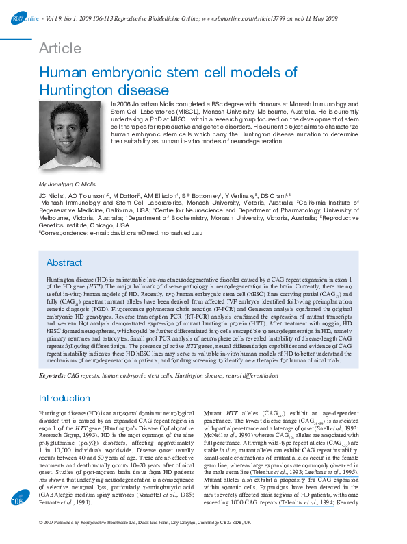 (PDF) Human embryonic stem cell models of Huntington disease