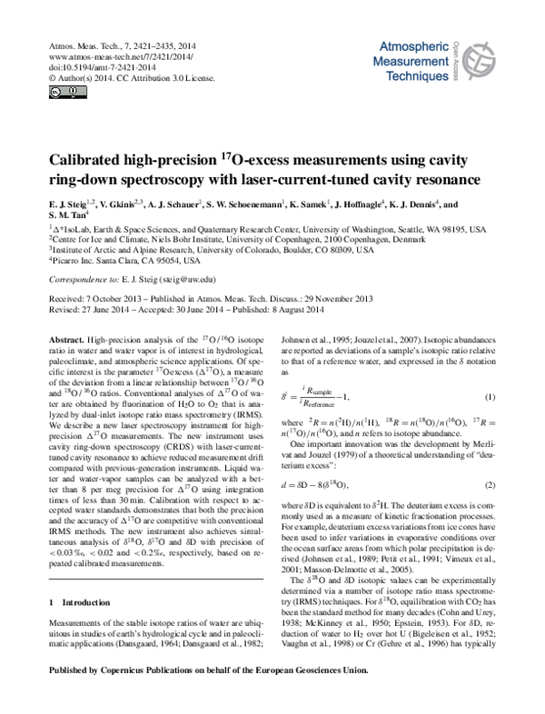 (PDF) Calibrated highprecision 17Oexcess measurements using cavity