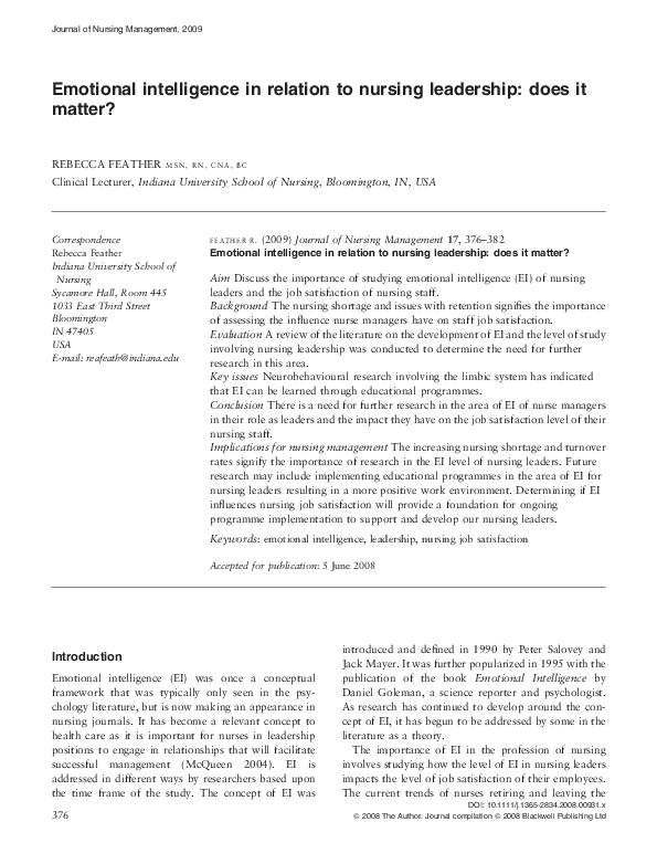 Pdf Emotional Intelligence In Relation To Nursing Leadership Does It Matter Rebecca Feather Academia Edu