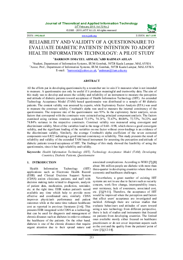 (PDF) RELIABILITY AND VALIDITY OF A QUESTIONNAIRE TO EVALUATE DIABETIC ...