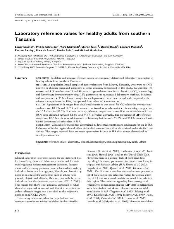 (PDF) Laboratory reference values for healthy adults from southern Tanzania