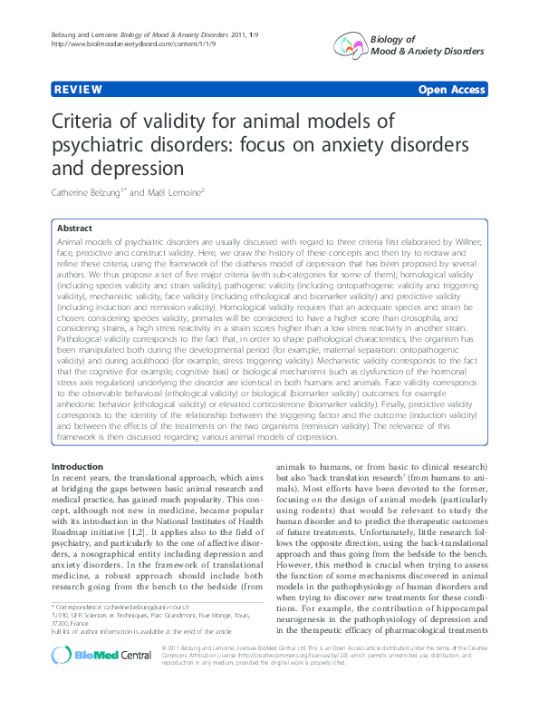 (PDF) Criteria of validity for animal models of psychiatric disorders