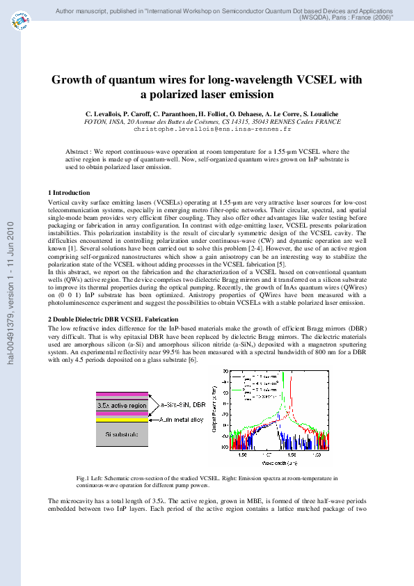 (PDF) Growth of quantum wires for long-wavelength VCSEL with a ...